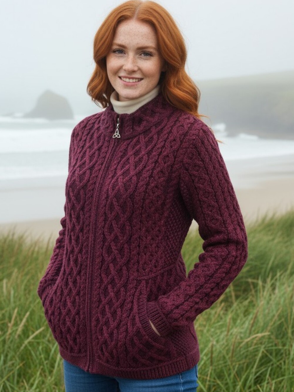 Aran Crafts Cable Knit Cardigan Sweater 100% Merino Wool Size XL Zip Up Irish